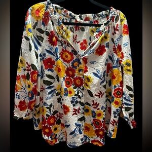 Intro. Floral Button-Down eyelet Blouse - Red, Yellow, Blue